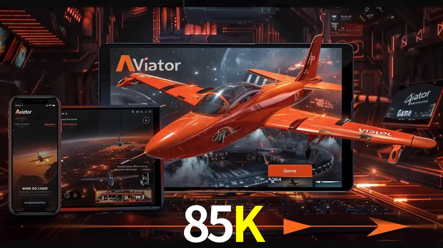 Apresentação tecnológica do jogo Aviator com um avião saindo da tela de um tablet, demonstrando a experiência imersiva em múltiplos dispositivos no 85K.