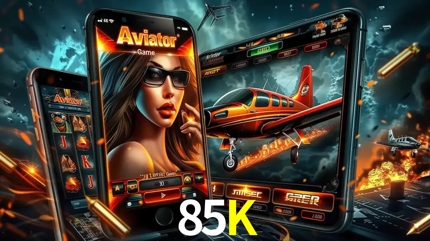 O popular jogo de apostas Aviator exibido em vários celulares e tablets, mostrando a interface emocionante e a ação de voo disponíveis para jogar agora no 85K.
