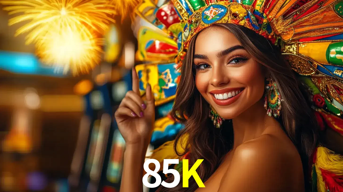 Mulher sorridente com um cocar de carnaval vibrante e colorido, celebrando uma grande vitória nos jogos do cassino 85K com fogos de artifício ao fundo.