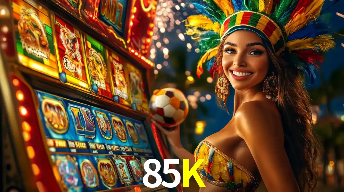 Mulher com um cocar de carnaval ao lado de uma máquina de caça-níqueis enquanto segura uma bola de futebol, mostrando a união da diversão de cassino e esportes no 85K.