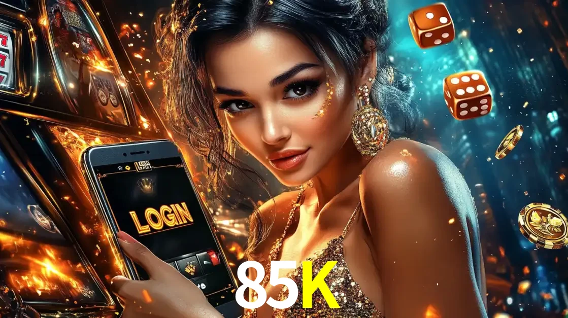 Mulher glamourosa segurando um celular com a tela de login do cassino 85K, rodeada por dados e moedas douradas, pronta para começar a diversão.