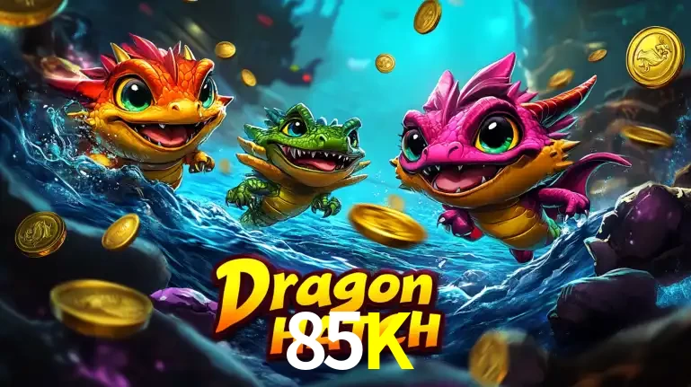 Arte promocional do jogo Dragon Hatch com três adoráveis dragões bebês nadando entre moedas de ouro, um dos slots mais divertidos para jogar no cassino 85K.