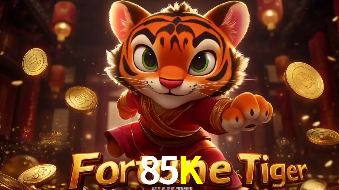 O carismático mascote do jogo de slot Fortune Tiger, um tigre fofo em pose de artes marciais, pronto para trazer sorte e multiplicadores de ganhos no cassino online 85K.