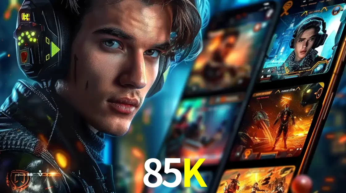 Jovem jogador com fones de ouvido olhando para a câmera, com um aplicativo de jogos e e-sports para celular ao fundo, pronto para a competição e apostas no 85K.