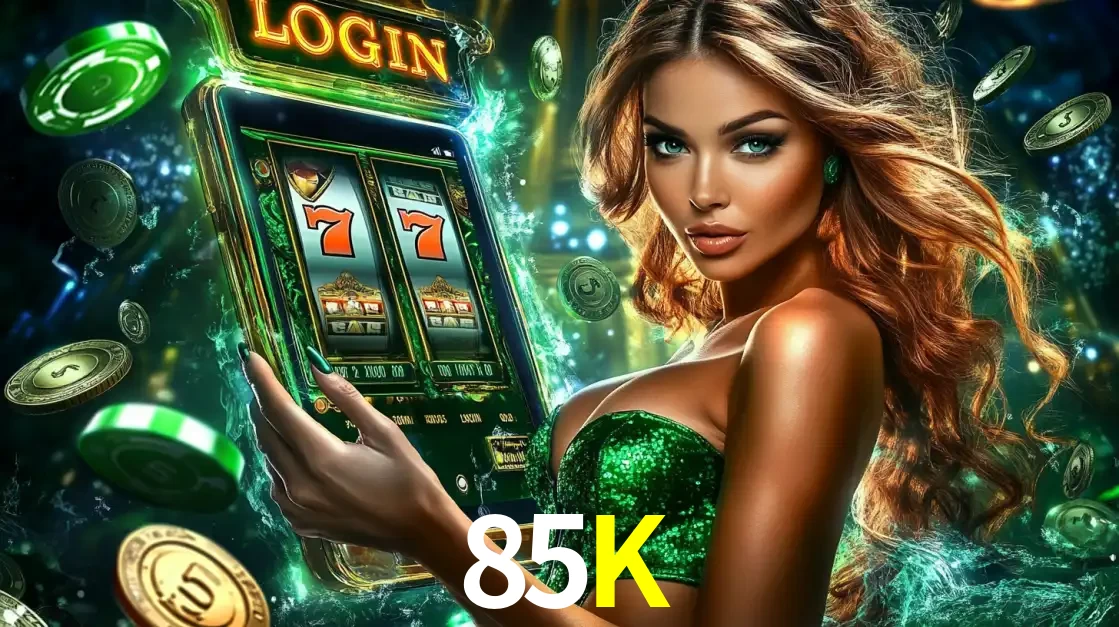Mulher com tema verde apresentando o aplicativo do cassino 85K com um jogo de slot de 777, cercada por fichas de cassino e uma aura de sorte.
