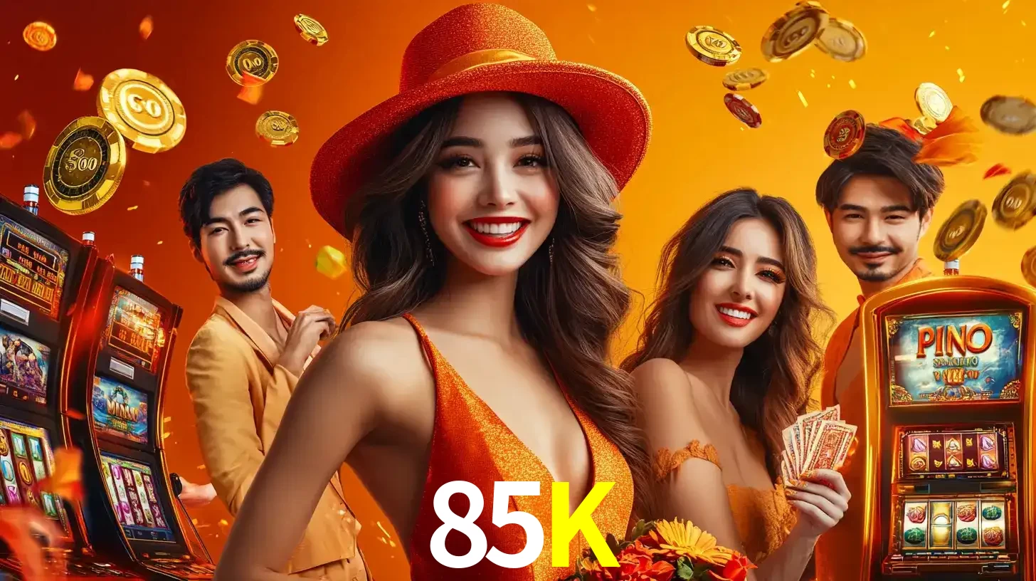 Grupo de amigos asiáticos sorrindo e se divertindo com máquinas de caça-níqueis em um ambiente festivo, celebrando suas vitórias nos jogos de cassino do 85K.