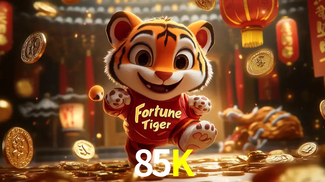 O alegre personagem do Fortune Tiger correndo sobre um caminho de moedas de ouro, simbolizando os grandes prêmios e a diversão do popular jogo de slot do 85K.