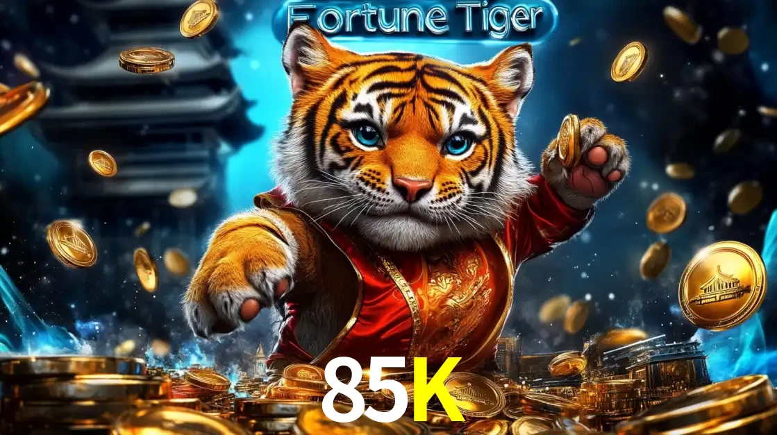 Imagem promocional do jogo de slot Fortune Tiger, com um tigre majestoso em traje tradicional cercado por uma fortuna em moedas de ouro, disponível agora no cassino 85K.