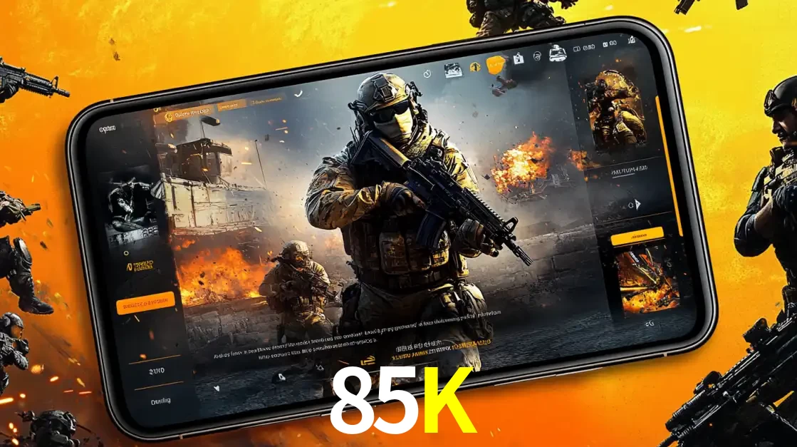 Um smartphone exibindo a interface de um jogo de tiro em primeira pessoa, com um soldado em um cenário de batalha, representando a ação dos e-sports para apostar no 85K.