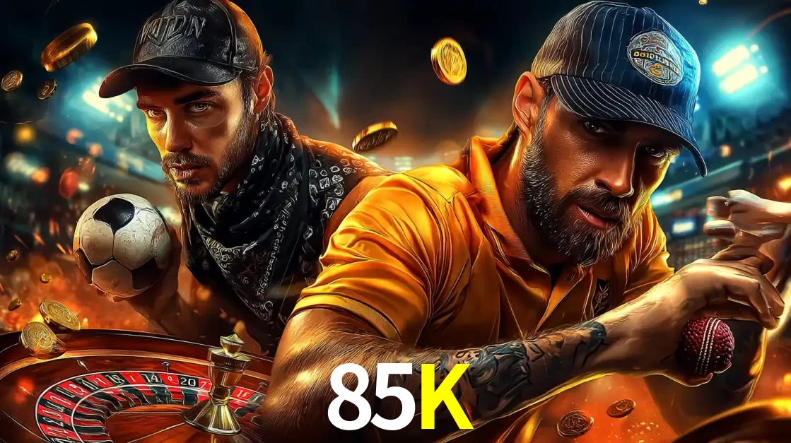 Montagem de apostas esportivas e cassino no 85K, com um homem segurando uma bola de futebol e outro uma de beisebol sobre uma roleta e moedas voadoras.