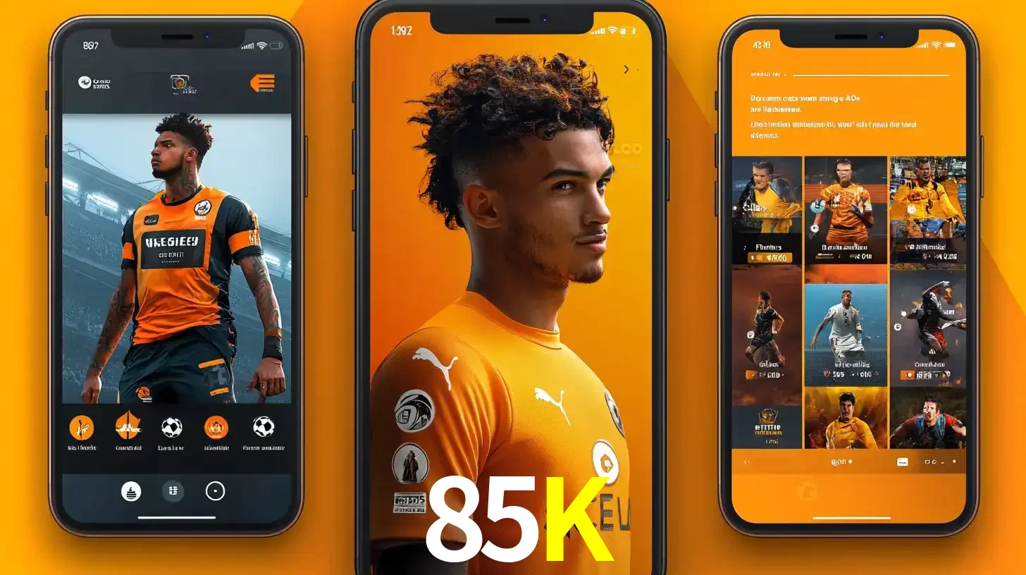Interface do aplicativo de apostas esportivas 85K em três telas de celular, mostrando o perfil de um jogador de futebol e a lista de jogos disponíveis para apostar.