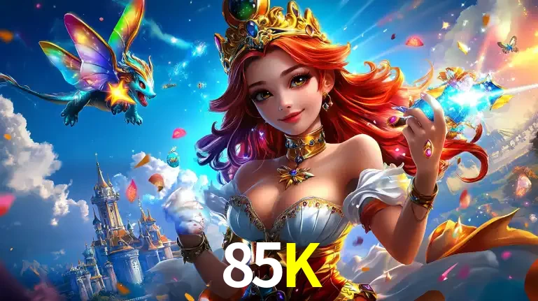 A princesa de um reino de fantasia mágico, com seu pequeno dragão, apresentando um mundo de prêmios encantados nos jogos de caça-níqueis do cassino 85K.