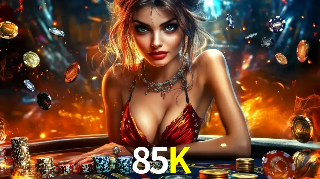 Mulher em uma mesa de cassino com pilhas de fichas e um fundo de fogo, pronta para uma rodada de altas apostas nos jogos de mesa emocionantes do cassino 85K.