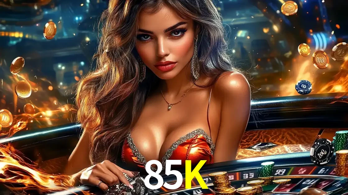 Mulher glamourosa em uma mesa de roleta com um fundo de chamas e moedas voadoras, pronta para fazer sua aposta e ganhar grandes prêmios no cassino ao vivo 85K.
