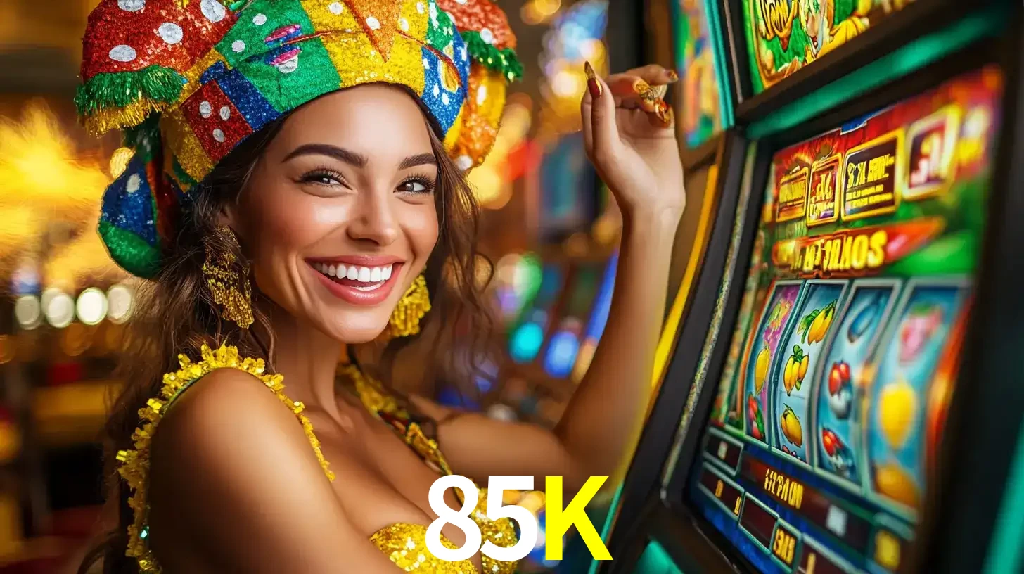 Mulher feliz com traje de carnaval amarelo e colorido ao lado de uma máquina de caça-níqueis, aproveitando a diversão e os jogos temáticos do cassino 85K.