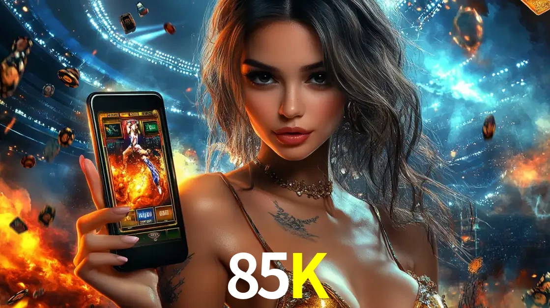 Mulher segurando um celular com um jogo de slot em destaque, tendo como fundo um estádio vibrante, simbolizando a emoção de jogar no cassino móvel 85K.