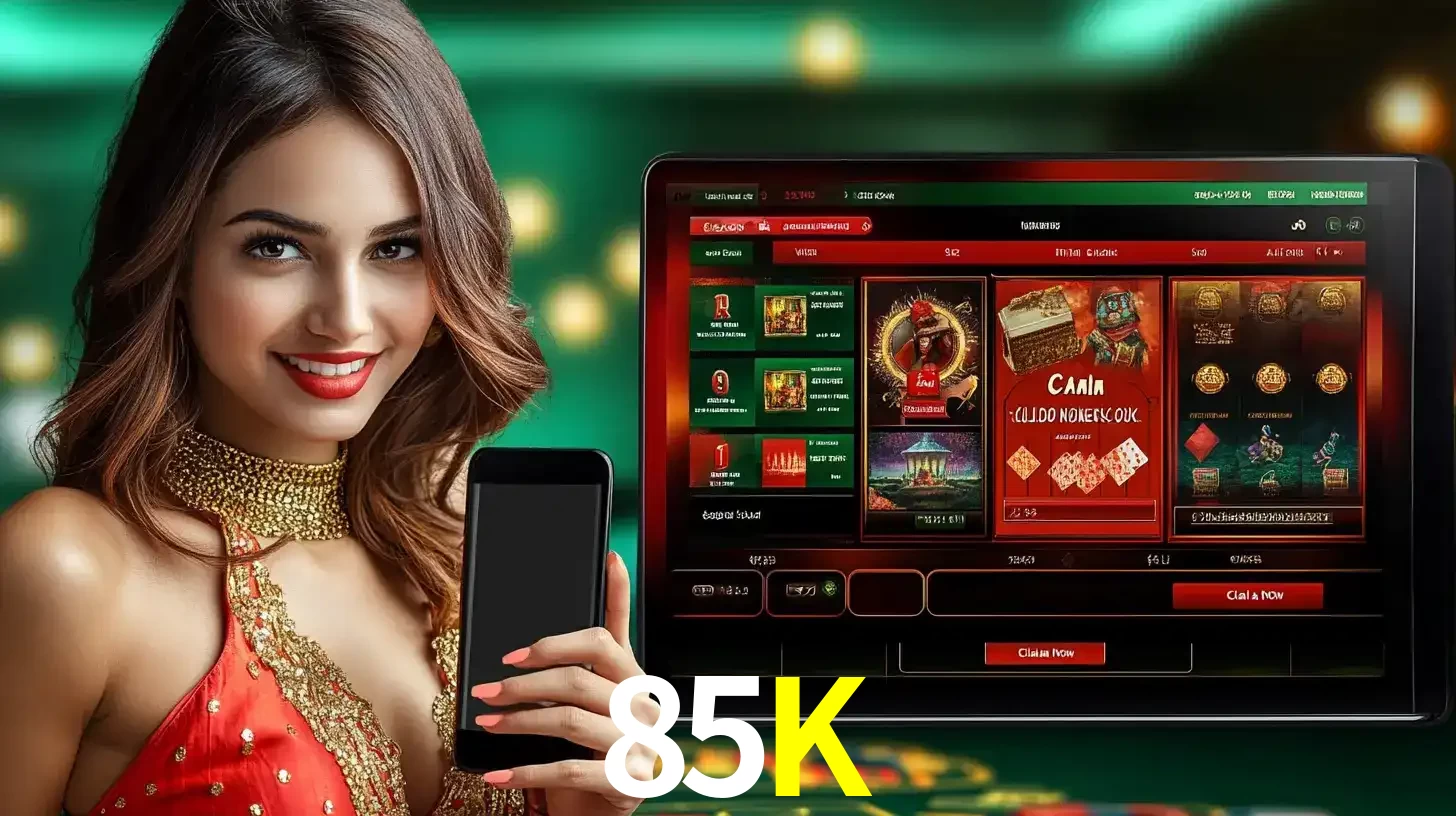 Mulher sorridente segurando um smartphone, ao lado de uma tela exibindo o lobby de jogos do cassino online 85K, com várias opções de jogos de cartas e slots.